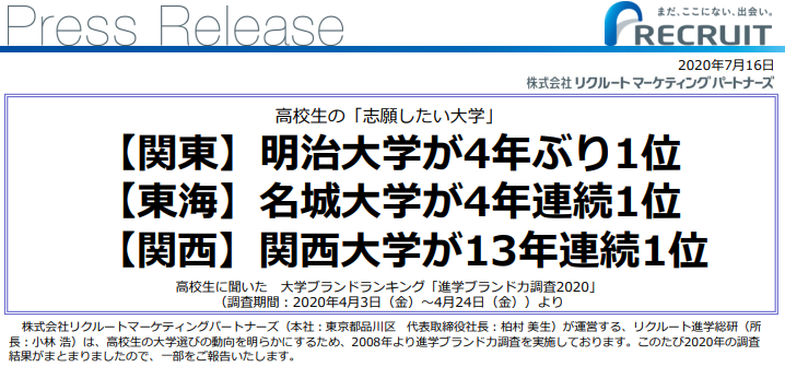 2020年日本高考生的大学志愿排行榜出炉，明大时隔4年再居首位！