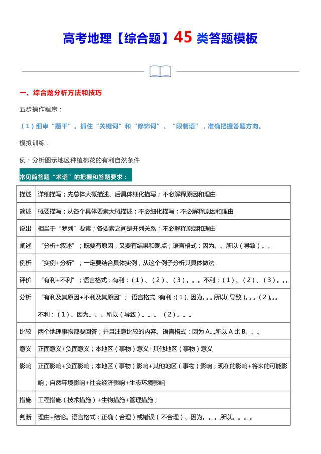 学得好不如学得巧！地理综合题45个答题模板，高考逆袭有绝招